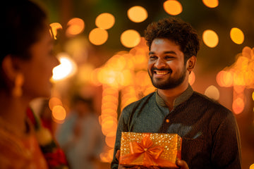 Man is happy to receive gift on the occasion of diwali