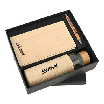 EcoEssence Bamboo Trio Set – Sustainable corporate gift with bamboo diary, pen, and glass bottle with sleeve, perfect for employee welcome kits and business giveaways.