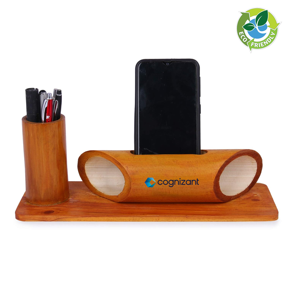 Bamboo tumbler with integrated music amplifier for smartphones, complemented by a stylish PU gloss finish.