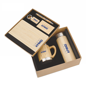 Eco-friendly Bamboo Bliss Sustainable Set with a diary, pen, keychain, mug, cardholder, and bottle – perfect for employee welcome kits and corporate gifting.