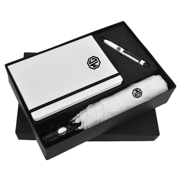 Freshie Favorites Pack: Dairy treats, high-quality pens, and a stylish umbrella for the ultimate welcome kit.