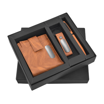 Welcome Gear for Gents: Elevate style with our sophisticated wallet, elegant pen, and sleek keychain – essentials for a refined touch.