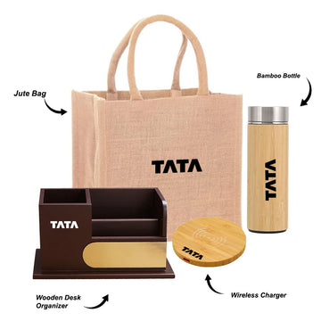 Eco-Friendly Hamper 2 - Sustainable essentials for new employees: Jute Bag, Bamboo Bottle, Wooden Wireless Charger, Desk Organizer.