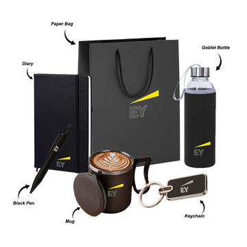 Essential Welcome Kit: Paper Bag, Mug, Keychain, Goblet Bottle, Diary & Pen