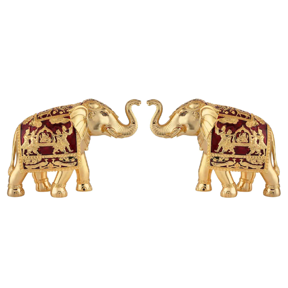 Golden Red Meena Elephant Pair - Jumbo Size, Luxury Gifting
