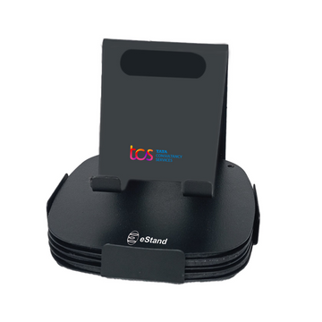 Metal mobile stand with four coasters, a stylish and practical desk accessory.