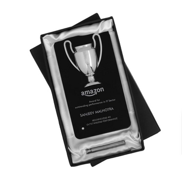 Exquisite Winner Cup Desk Trophy with Stand - Black Plate: Ideal for Online Trophy Orders!