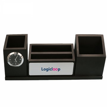 Wooden Pen Stand with Card Holder & Clock: A versatile desk accessory combining functionality and style for a sophisticated and organized workspace.