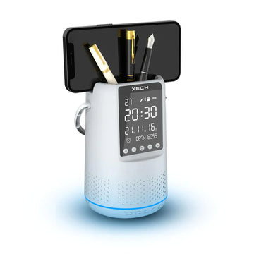 Modernize your workspace with Desk Boss Wireless Speaker featuring a sleek design and a convenient digital clock for added functionality.