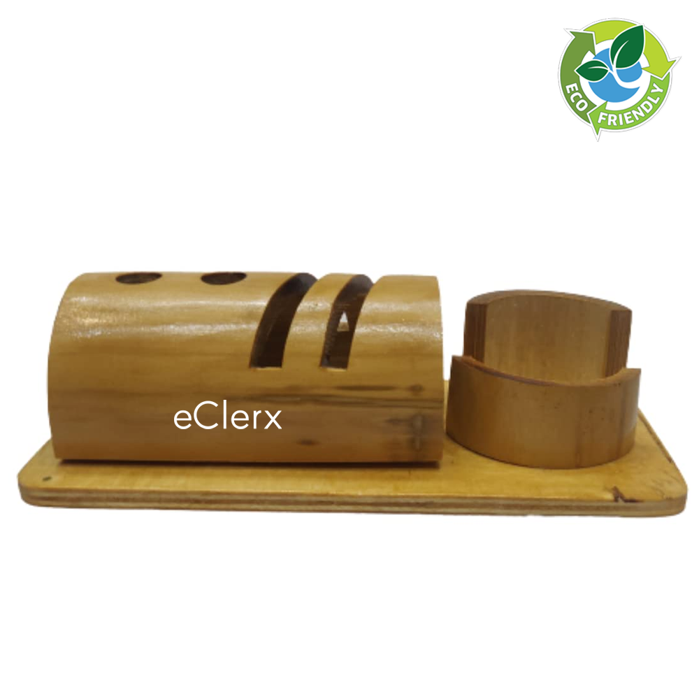 Bamboo phone stand featuring card holder, double pen stand, and PU gloss coating for a stylish and functional desk accessory.