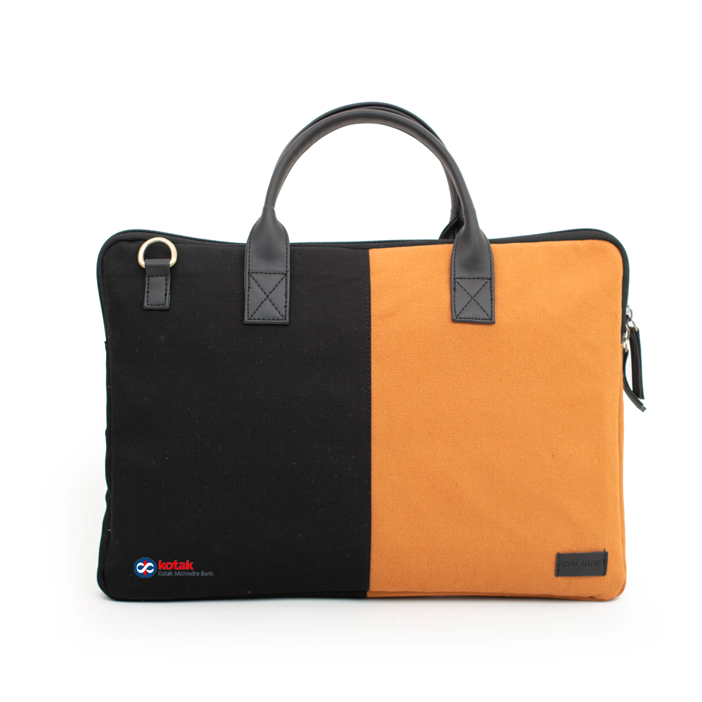 Black/Khaki colored PU laptop bag with a spacious compartment, featuring an area for custom branding with a company logo