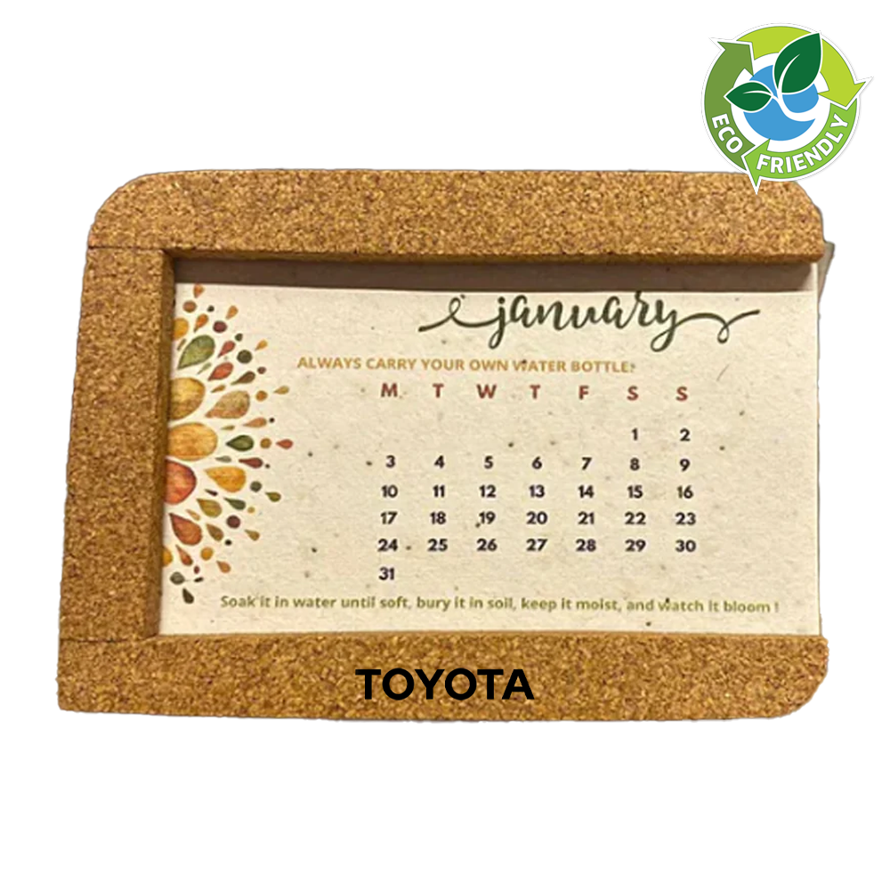 Sustainable cork calendar featuring seed paper.