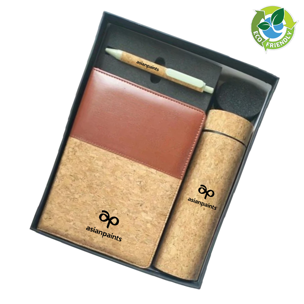 Sustainable Corporate Gift: Eco Friendly Joining Joy Pack - Welcome Kit with Cork Notebook, Pen, and Temperature Bottle.
