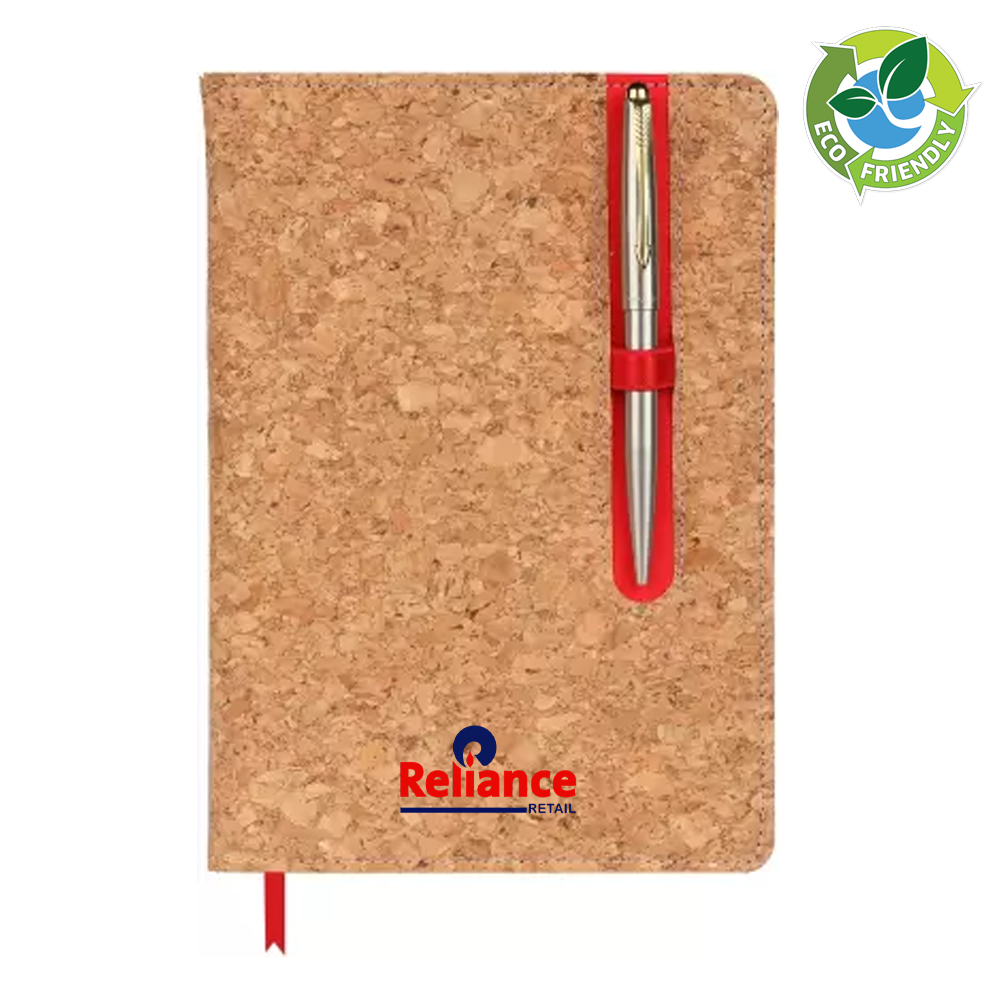 Sustainable sophistication: Cork Eco Friendly A5 Notebook with colored pen slot, hardbound cover, memorandum, bookmark ribbon, and 80 gsm sheets. Elevate your stationery with eco-conscious style.