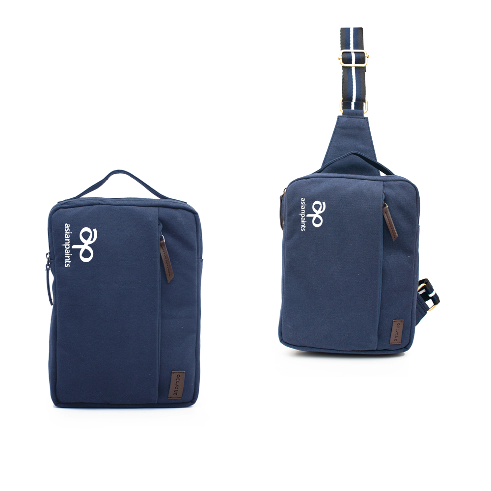 Canvas crossbody bag in navy and black, customizable with company logo, ideal for corporate gifts.