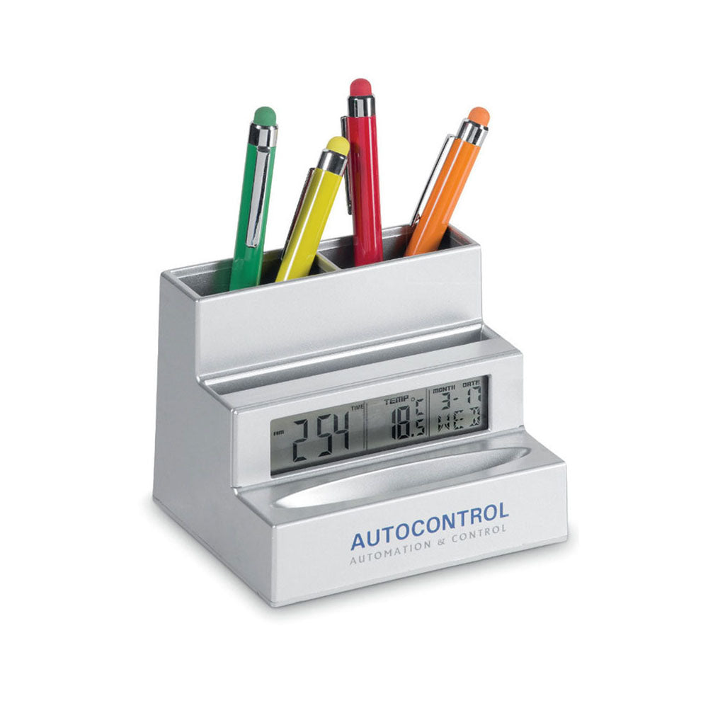 Sleek Desk Organizer: Dual-purpose Card & Pen Holder with integrated Digital Clock for stylish and efficient workspace organization.