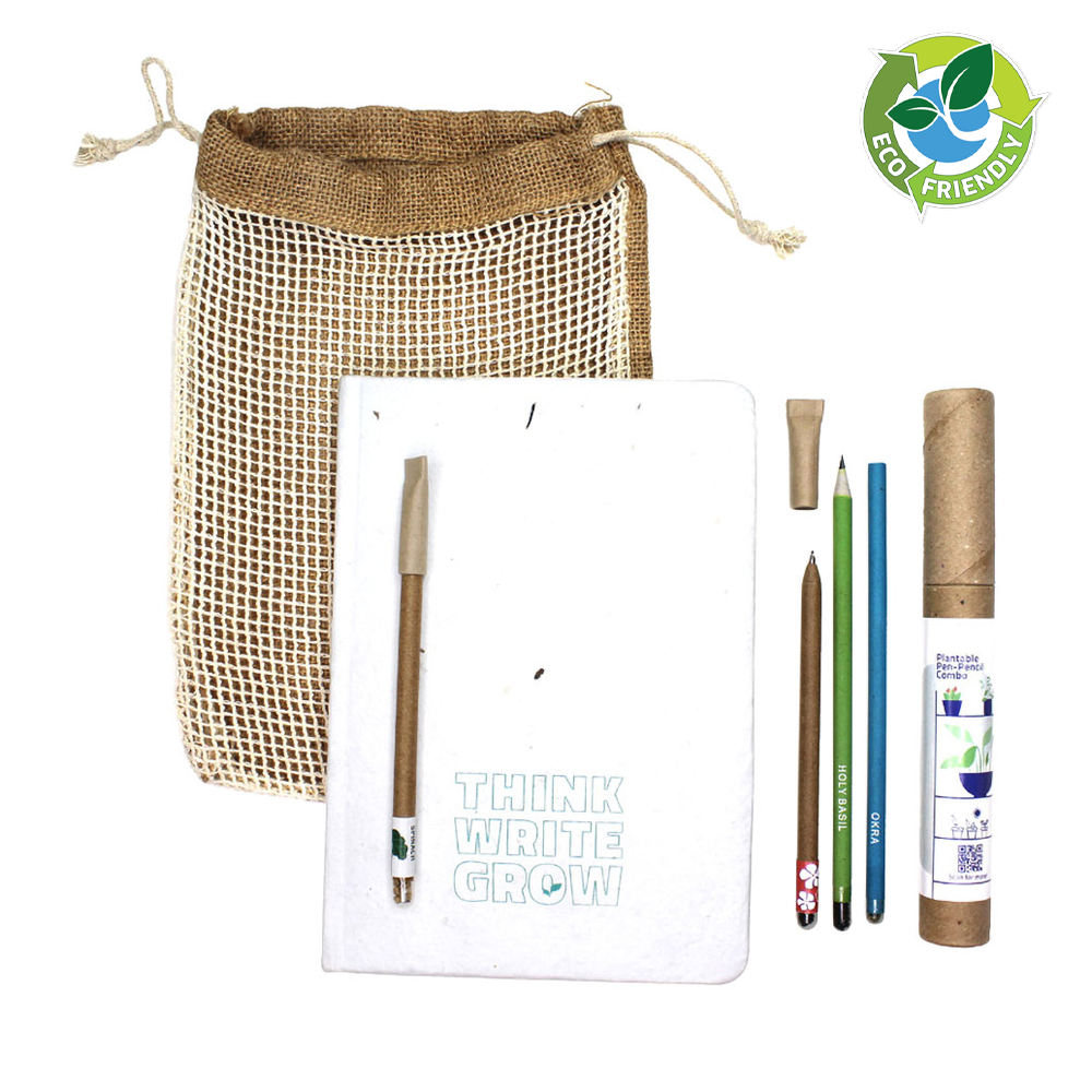 Sustainable corporate gifts: EnviroPlans Pro Plantable Stationery Bag with Diary & Pen-Pencil Combo.