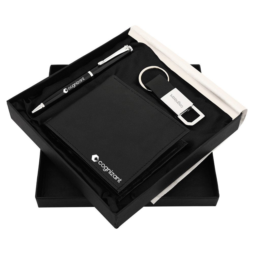 A sophisticated Employee Gift Set featuring a stylish wallet, premium pen, and chic keychain.