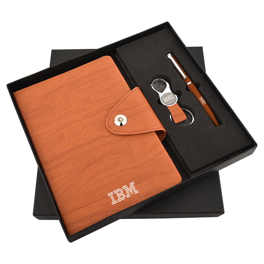 Newbie Necessities Set: Wood Pulp Diary, Elegant Pen, and Stylish Keychain – A perfect trio for your essentials.
