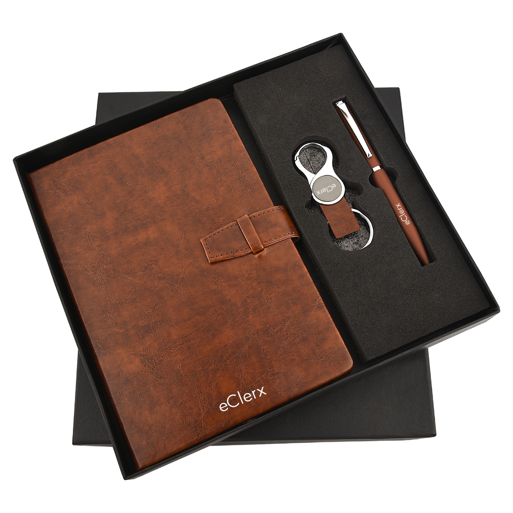 Onboard Oasis Set - Elegant Textured Leather Diary and Pen with Stylish Keychain, perfect for a sophisticated and organized workspace.