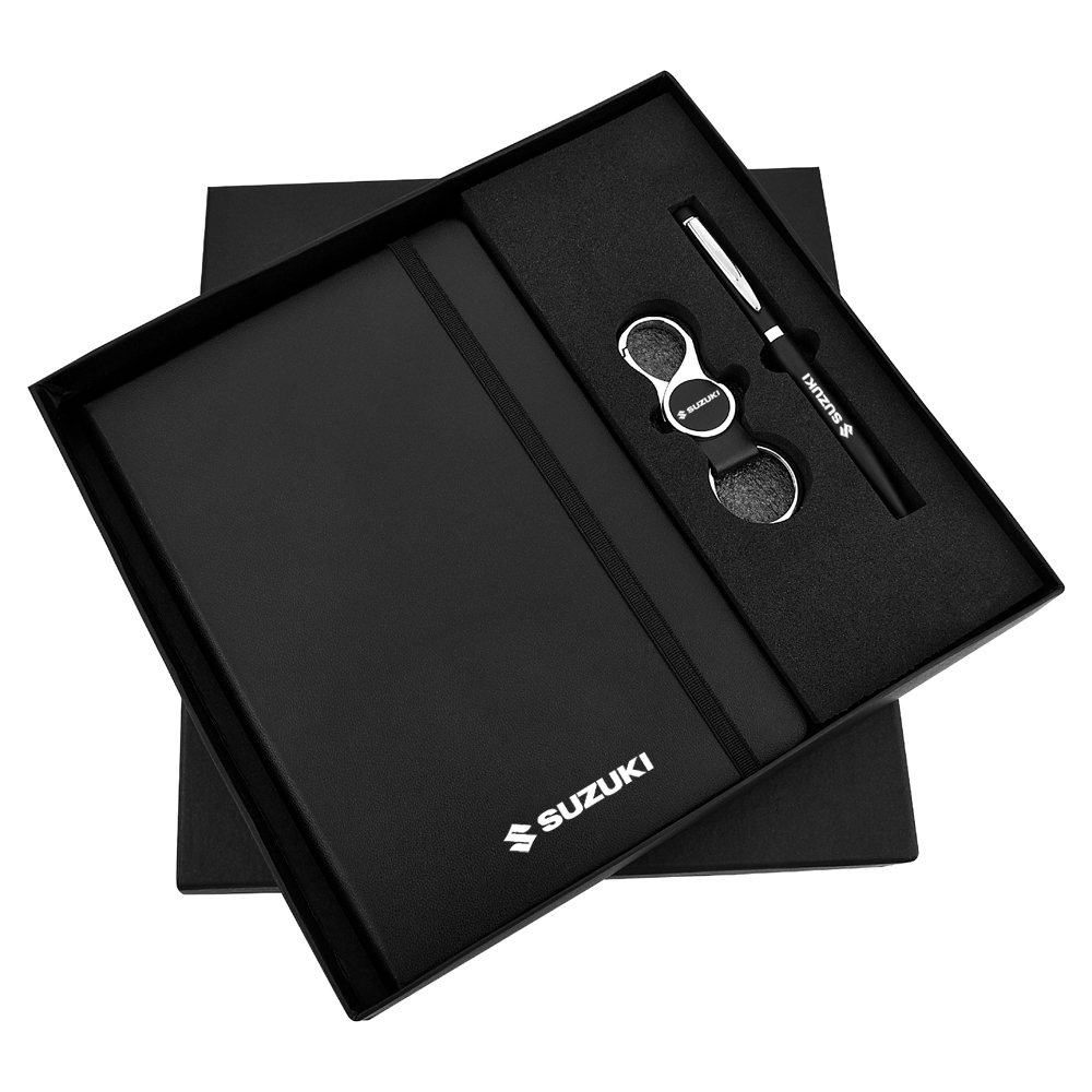 Welcome Wave Set: Classic black diary and pen with keychain - Elevate your workspace with sophistication and style.