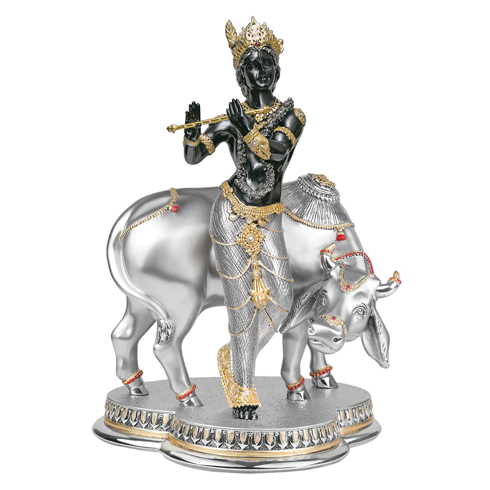 Black Standing Krishna with Cow, 44-cm – A symbol of luxury gifting and artistic elegance.