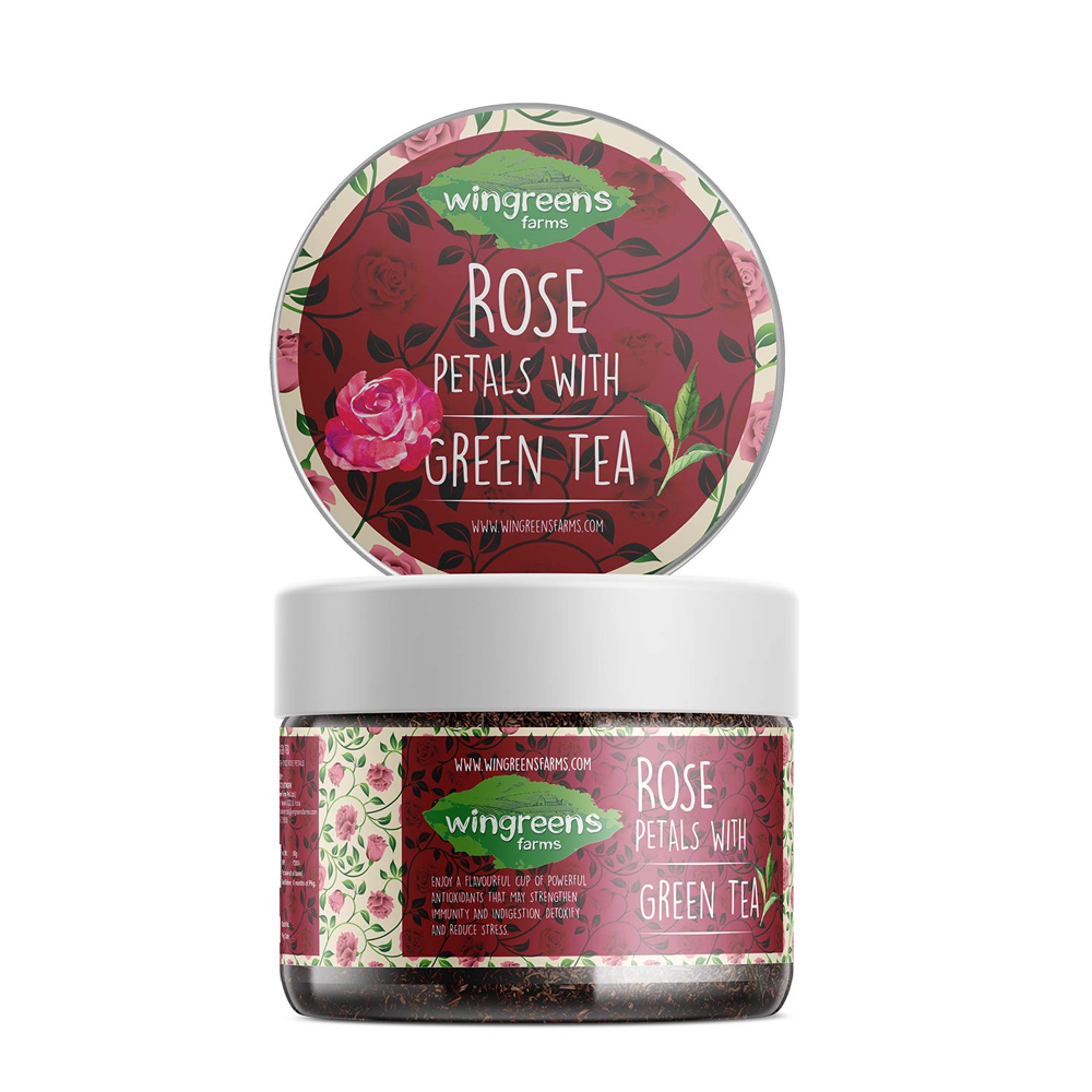 Wingreens Farms Rose Petals with Green Tea (60g) - a delightful blend for wellness and flavor.