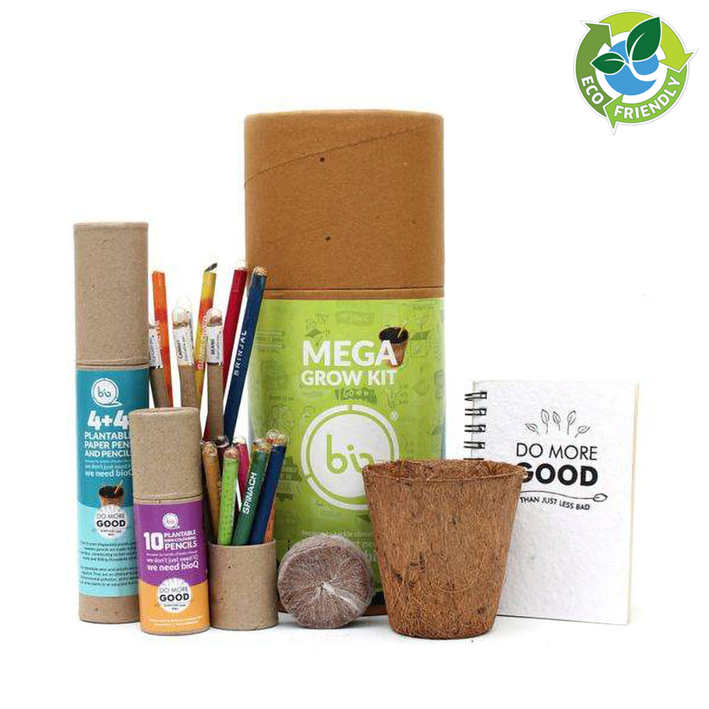 Grow your greenery with our Mega Grow Kit Classic: 5 Seed Pens, 5 Seed Pencils, Mini Plantable Notepad, 3” Coco Pot & Peat. Perfect eco-gift!