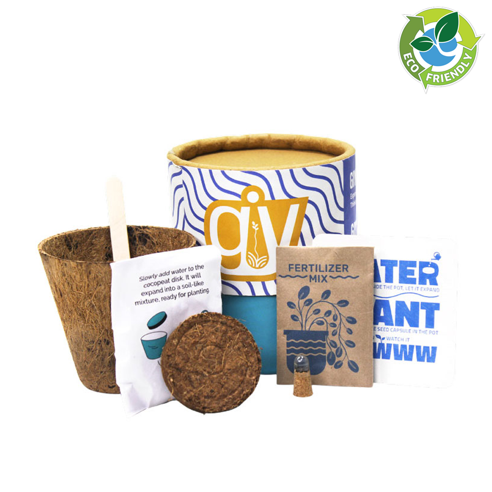 GROW PRO Round - GIY Kit: Eco-friendly corporate gift with 3” pot, cocopeat disk, fertilizer mix, seed capsule.