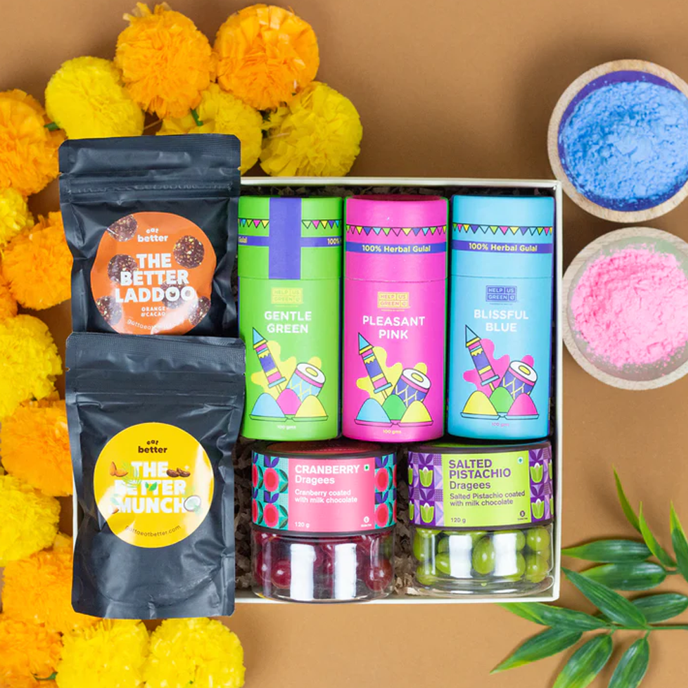 Healthy Treat Festive Fun Holi Gift Box I Holi Gift Hamper I Snacks Thandai  Herbal Gulal I Corporate Gifts I Premium Gift Hamper | Roasted Dry fruit  Snacks and Skin Friendly Holi