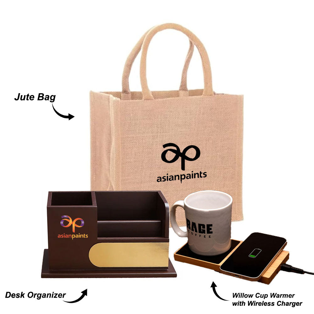 Eco-Friendly Welcome Kit: Jute Bag with Wireless Charger, Cup Warmer & Desk Organizer