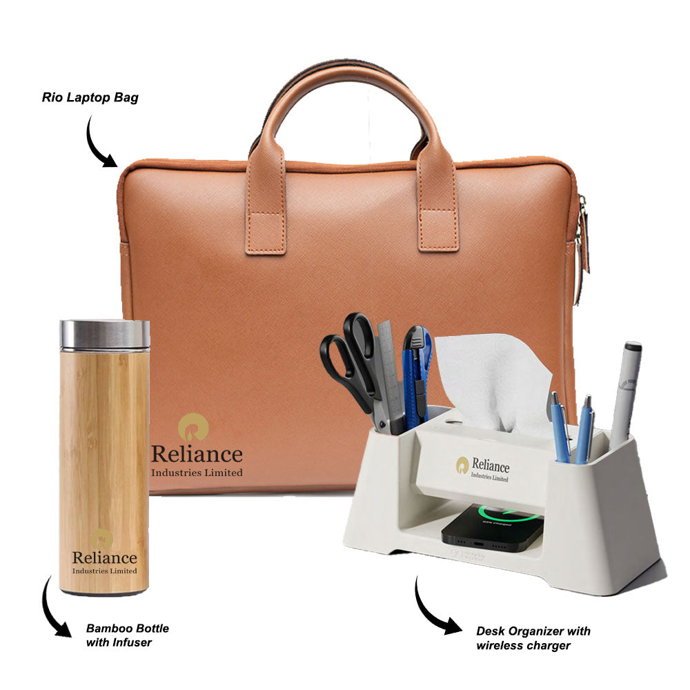 Rio Laptop Bag with Desk Organizer, Wireless Charger & Bamboo Bottle - the ultimate welcome kit for new employees!