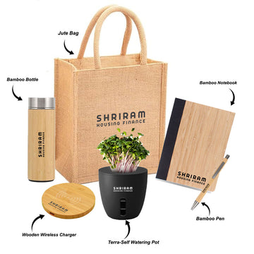 Jute Bag with Bamboo Bottle with Infuser, Wooden Wireless Charger, Self Watering Pot, Bamboo Dairy& Pen - Welcome Kit