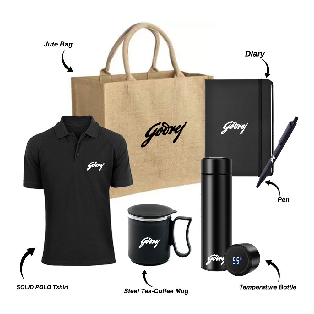 Jute Bag Welcome Kit with Solid Polo T-shirt, Diary, Pen, Temperature Bottle & Steel Tea-Coffee Mug