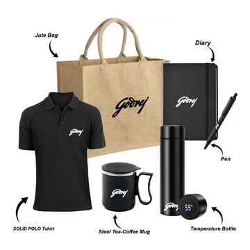 Jute Bag with Solid Polo T-shirt, Diary, Pen, Temperature Bottle & Steel Tea-Coffee Mug - Welcome Kit