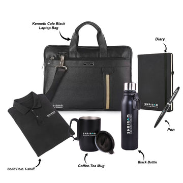 Kenneth Cole Black Laptop Bag with Solid Polo T-shirt, Diary, Pen, Black Bottle & Steel Tea-Coffee Mug - Welcome Kit
