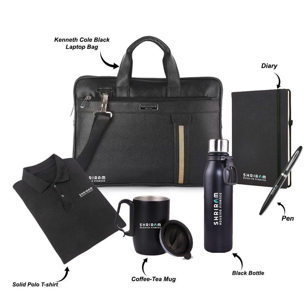 Kenneth Cole Black Laptop Bag with Welcome Kit: Solid Polo, Diary, Pen, Black Bottle & Steel Mug