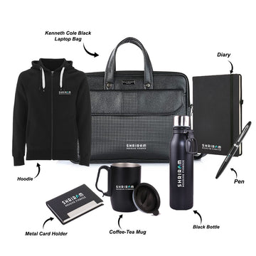 Kenneth Cole Black Laptop Bag with Hoodie, Diary, Pen, Black Bottle, Metal Card Holder & Steel Tea-Coffee Mug - Welcome Kit