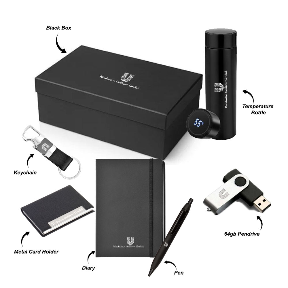 Black Box Welcome Kit: Stay organized and equipped with essentials like temperature bottle, metal card holder, keychain, 64GB pendrive, diary, and pen.