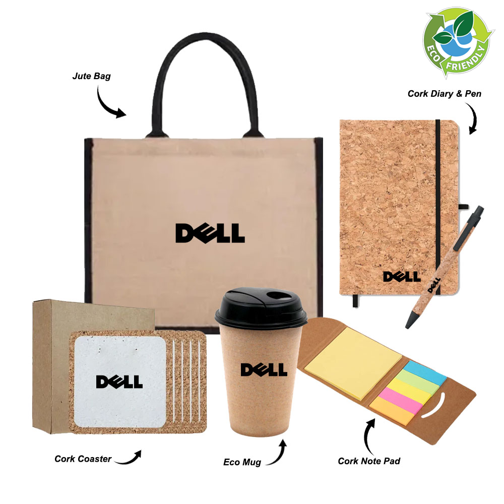 Welcome your team with eco-friendly essentials: Jute Bag, Eco Mug, Cork Coasters, Cork Notepad, and Diary & Pen - Welcome Kit
