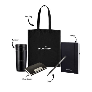Black Tote Bag with Tumbler, Business Card Holder Diary & Pen - Welcome Kit