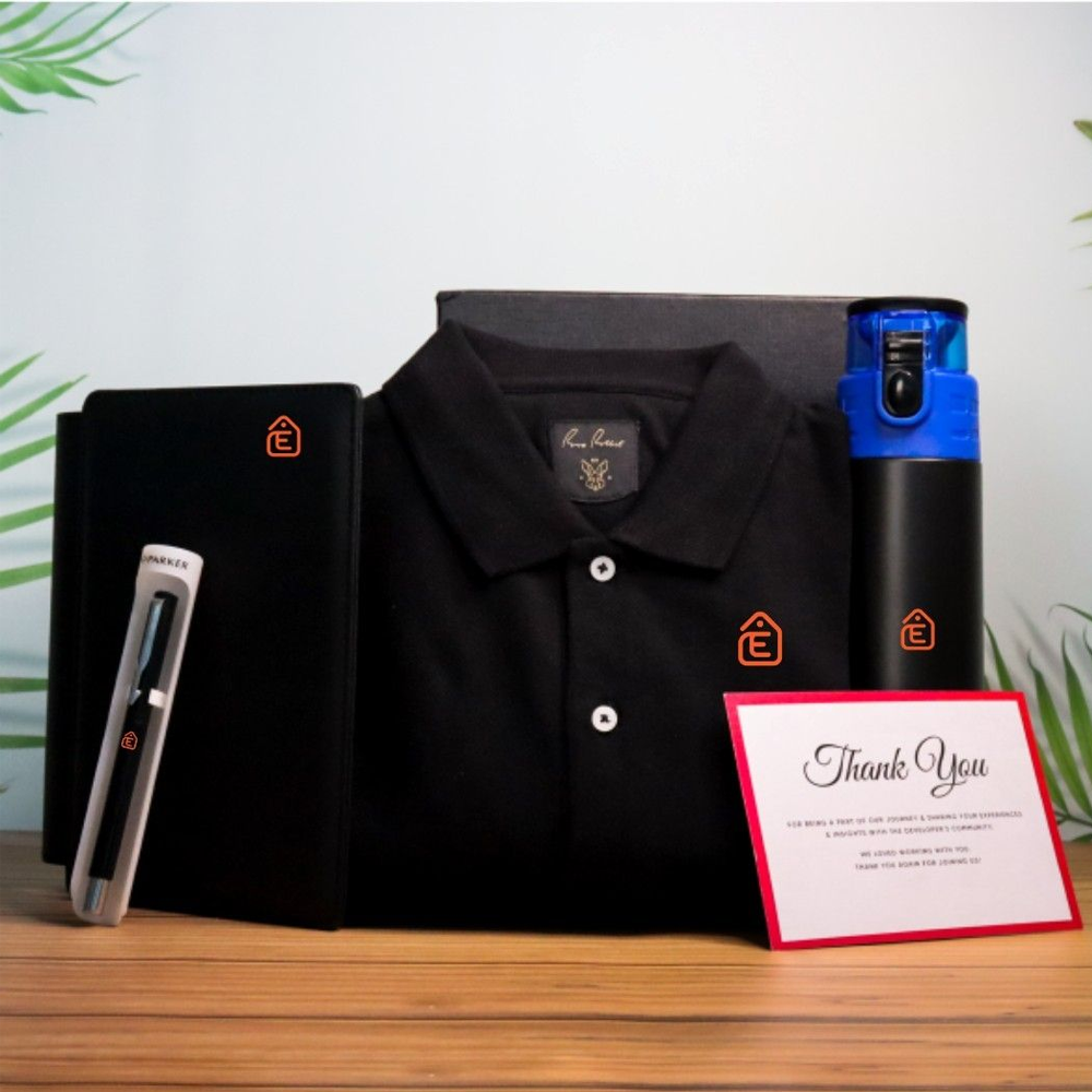 Freshie Favorites Set with diary, pen, bottle, polo t-shirt, and greeting card – a perfect combination for a thoughtful and complete ensemble.