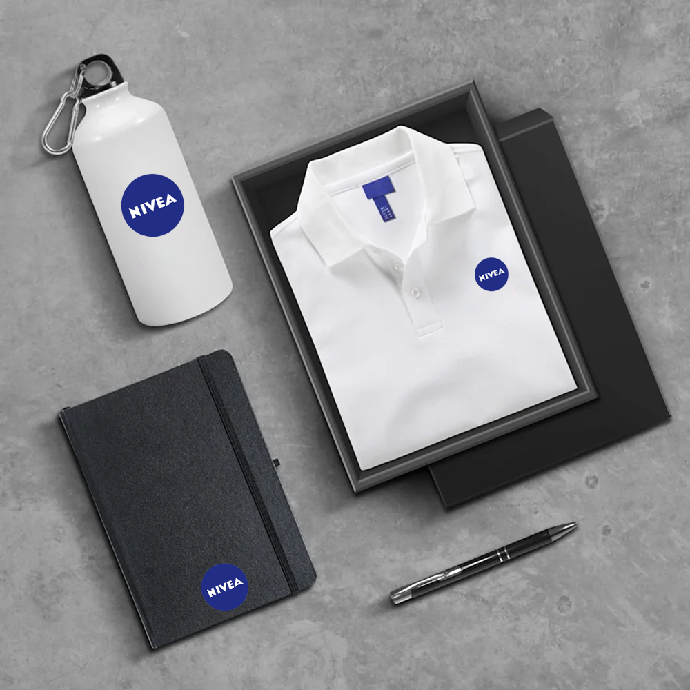 New Hire Welcome Kit featuring a bottle, notebook, pen, and Polo T-Shirt for a complete onboarding experience.