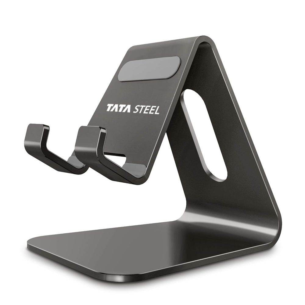 Modern metal mobile stand for stylish device display and accessibility.
