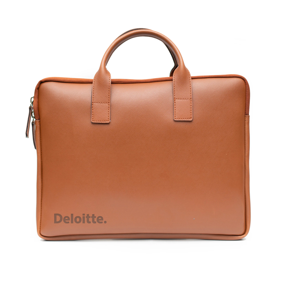 Tan-colored PU laptop bag with a spacious compartment, featuring an area for custom branding with a company logo