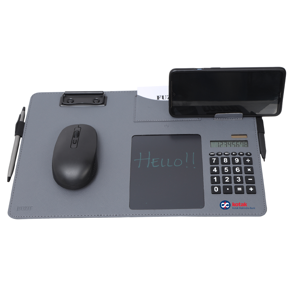 7-in-1 Desktop Utility with Visiting Cards Pocket, Pen Loop & Stylus, Calculator, Mobile Stand, Erasable Writing Tab, and Mouse Pad - Customized with Company Logo for a personalized touch.