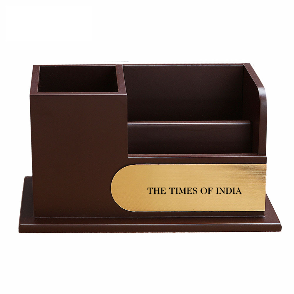Wooden Pen Stand with Card Holder: Elegant desk organizer for professionals, featuring dual functionality, personalized customization, and durable wood construction.