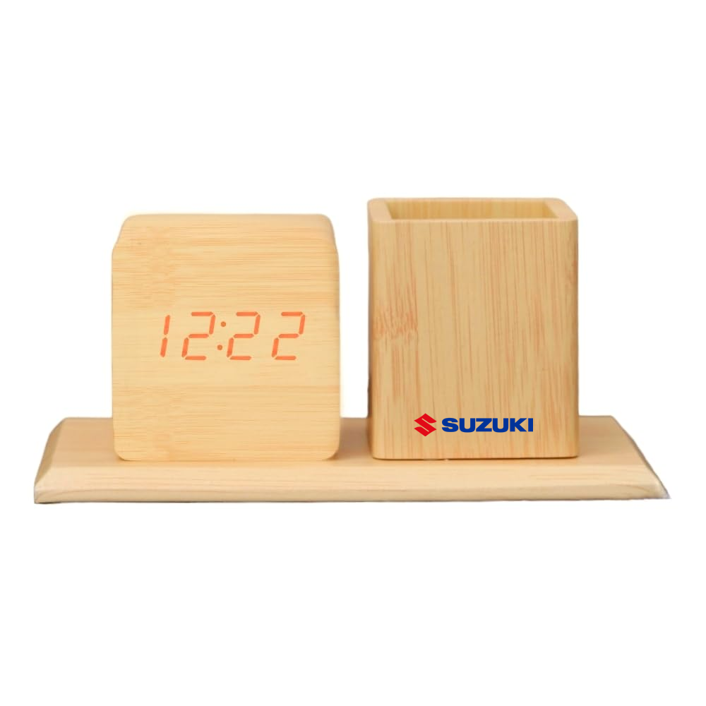 Sophisticated Wooden Digital Clock Penstand - A perfect blend of classic wood and modern technology for a stylish and functional desk accessory.