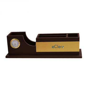 Wooden Table Top | Wooden Pen Stand with Clock - Desktop Accessories - For Corporate Gifting