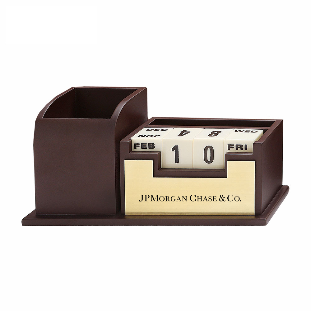 Sophisticated Wooden Pen Stand with integrated Calendar, perfect for stylish and organized workspaces.